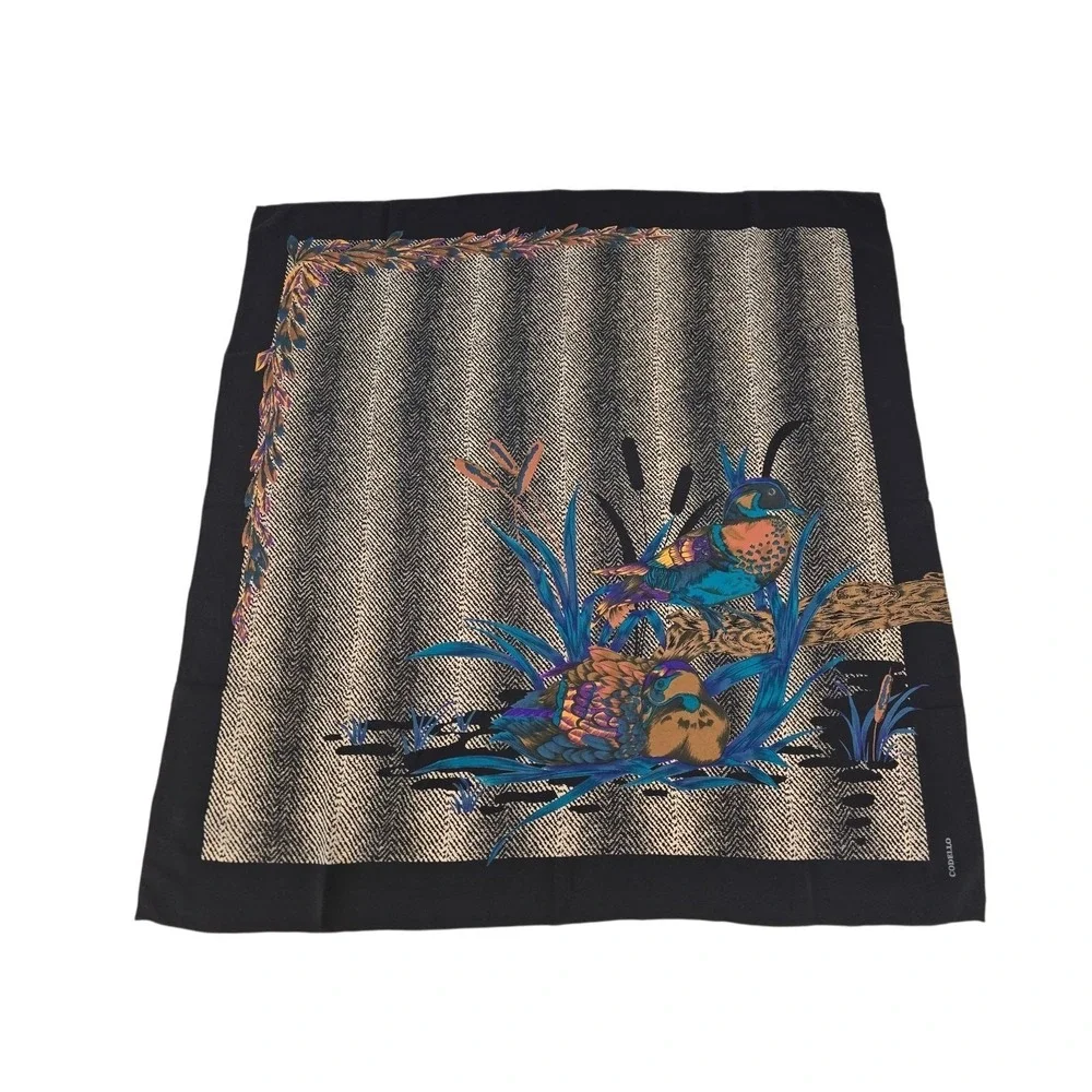 Codello Silk Scarf Ducks Bird Wildlife Nature Print Navy Blue Vintage Square 31